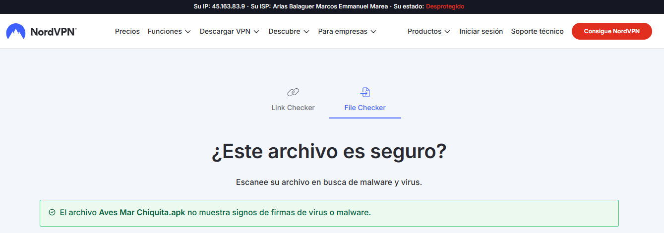 Escaneo antivirus en línea mostrando aplicación segura