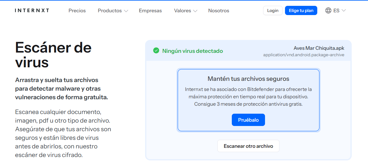 Pantalla de análisis antivirus confirmando aplicación sin amenazas